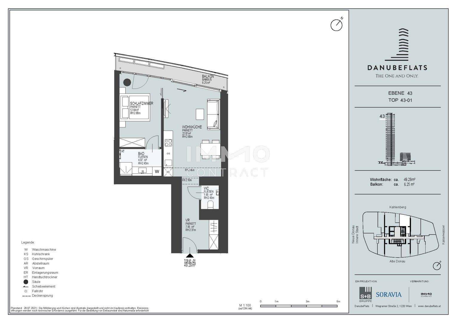 Grundriss einer modernen Wohnung mit Schlafzimmer, offener Wohnküche, Bad und Balkon.