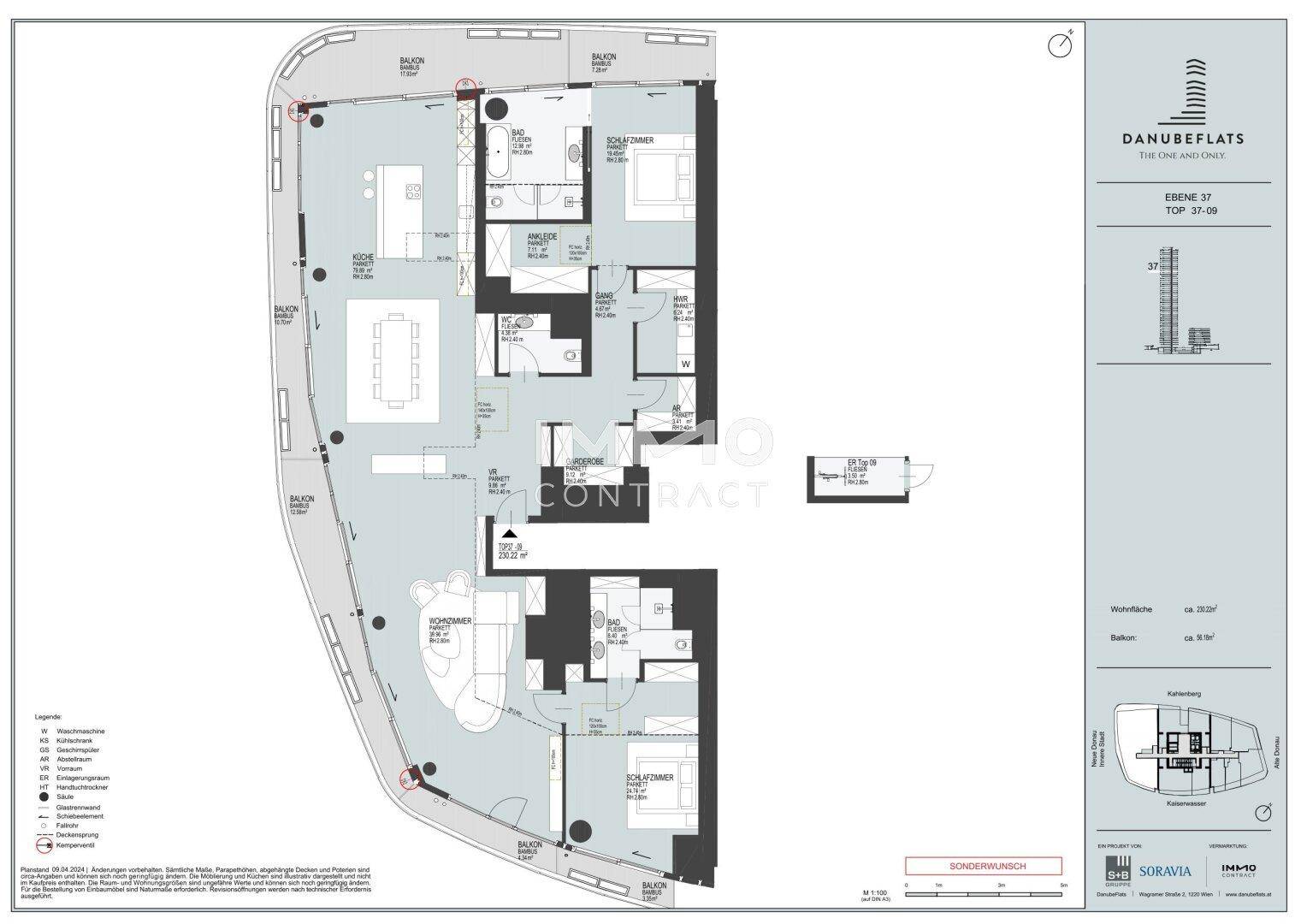 Detaillierter Grundriss einer Wohnung mit mehreren Zimmern und Balkonen.