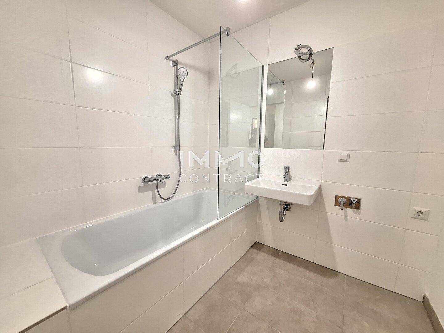 Modernes Badezimmer mit Badewanne, Duschvorrichtung und einem einzelnen Waschbecken.