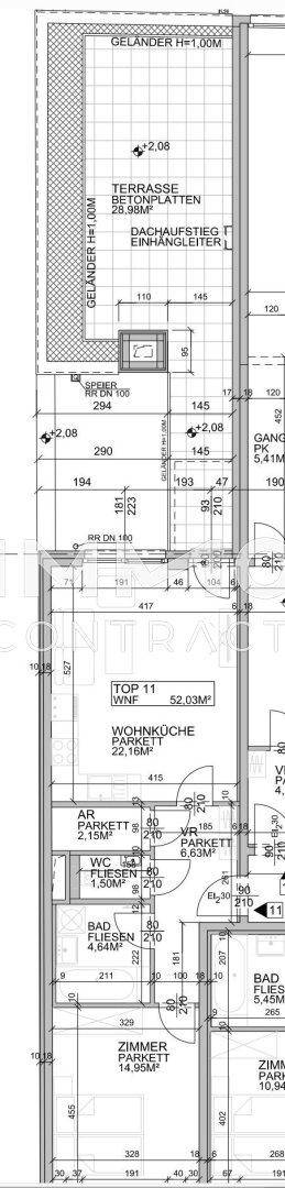 Detaillierter Grundriss der Wohnung Top 11 mit Wohnküche, Bad, Zimmer und großer Terrasse.