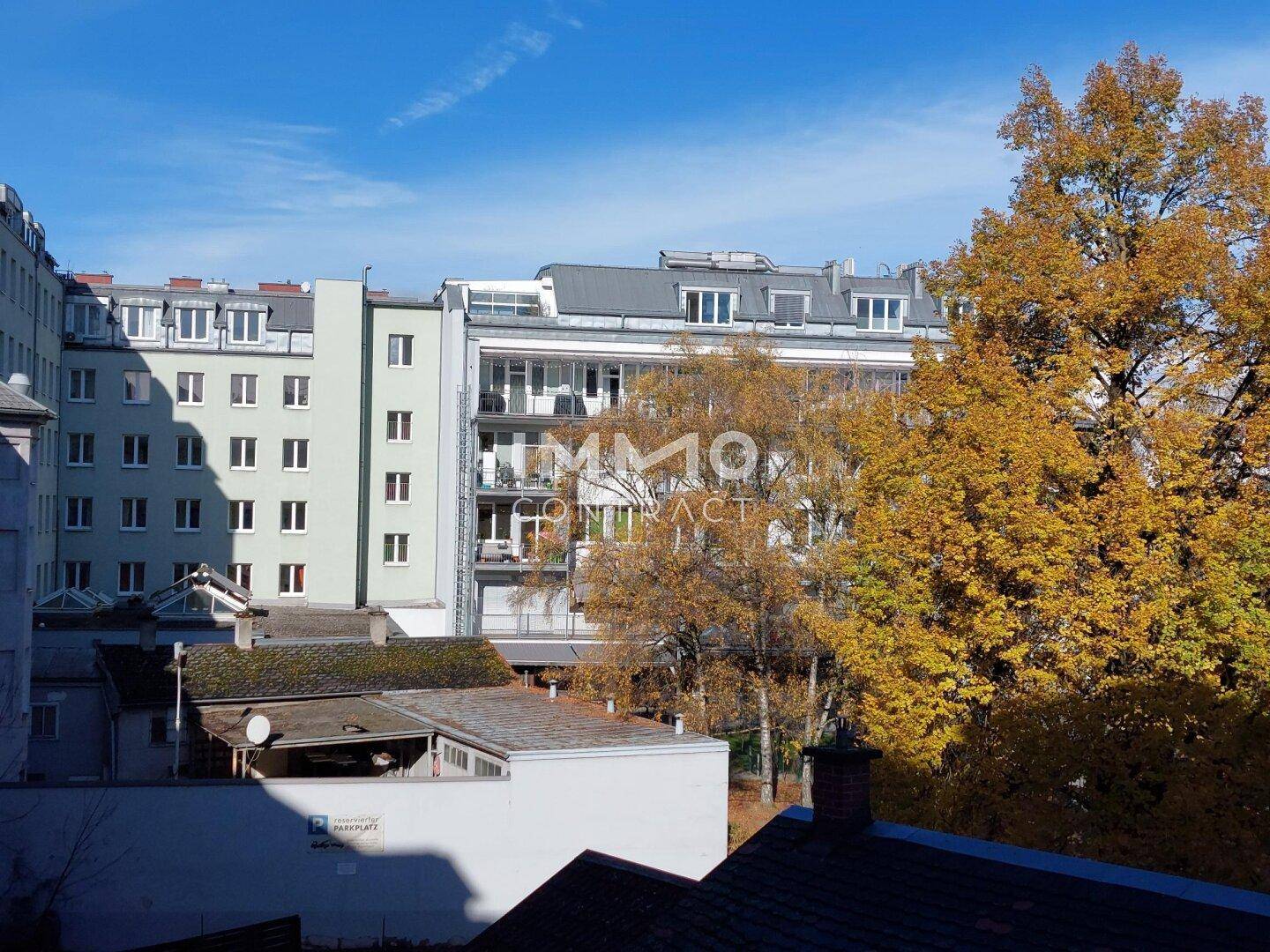 Blick aus dem Fenster auf umliegende Gebäude und herbstliche Bäume unter blauem Himmel.