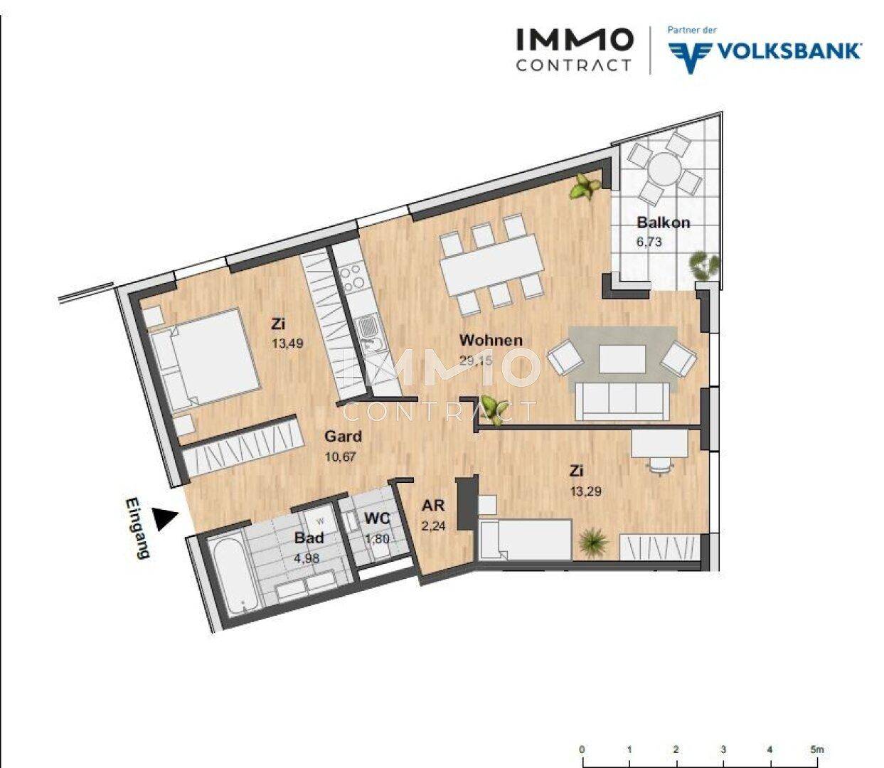Grundriss einer Wohnung mit drei Zimmern, Bad, WC und Balkon.
