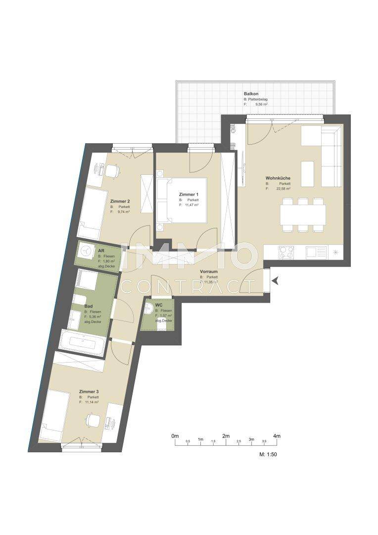 Grundriss einer Wohnung mit drei Zimmern, Wohnküche, Bad, WC und Balkon.