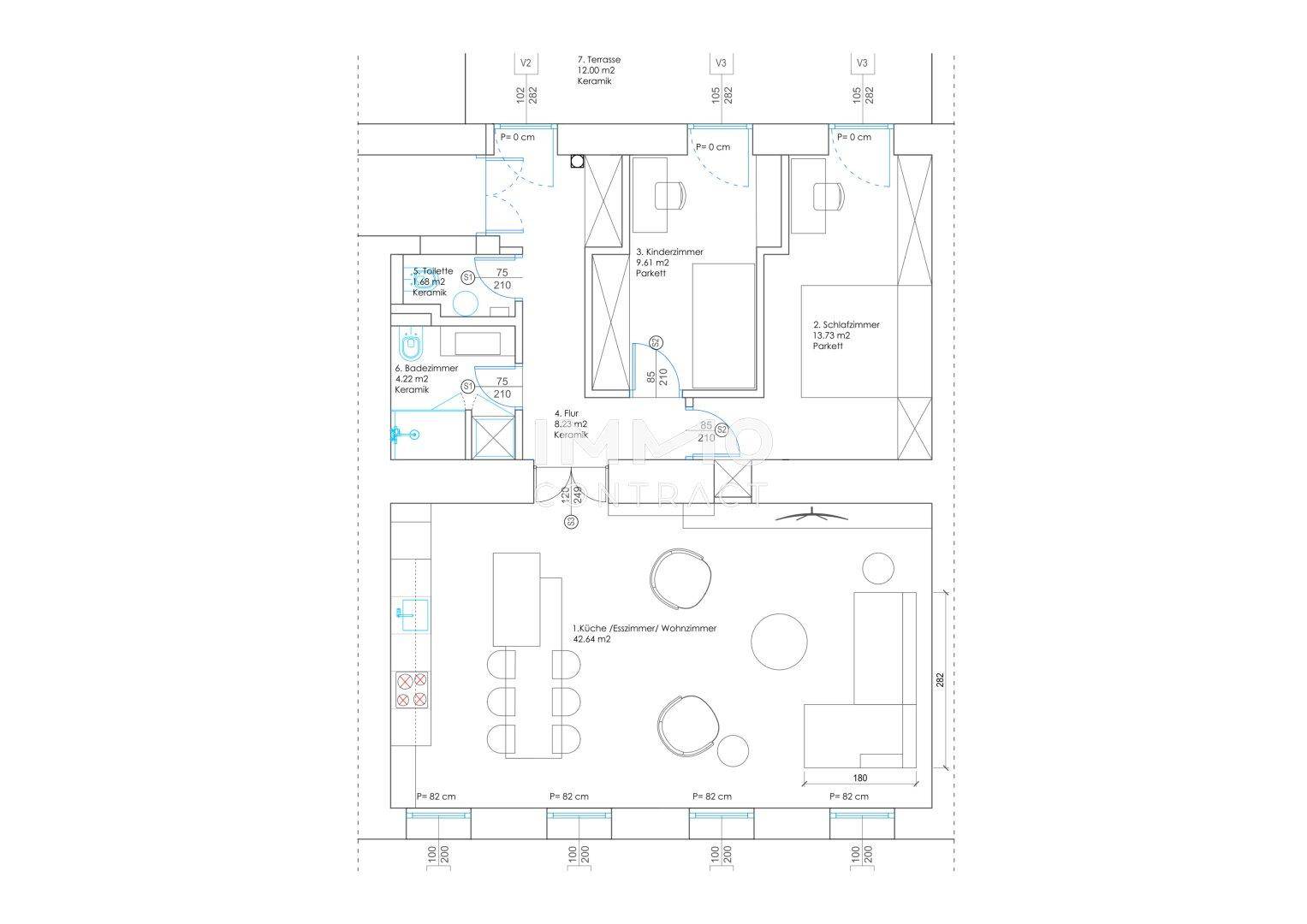 Detaillierter Grundriss einer Wohnung mit drei Schlafzimmern und offenem Wohn-Essbereich.