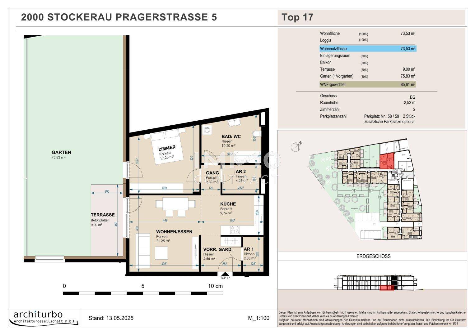 Grundriss einer Wohnung mit offenem Wohn-Essbereich, Küche, zwei Zimmern, Bad, WC, Terrasse und Garten.