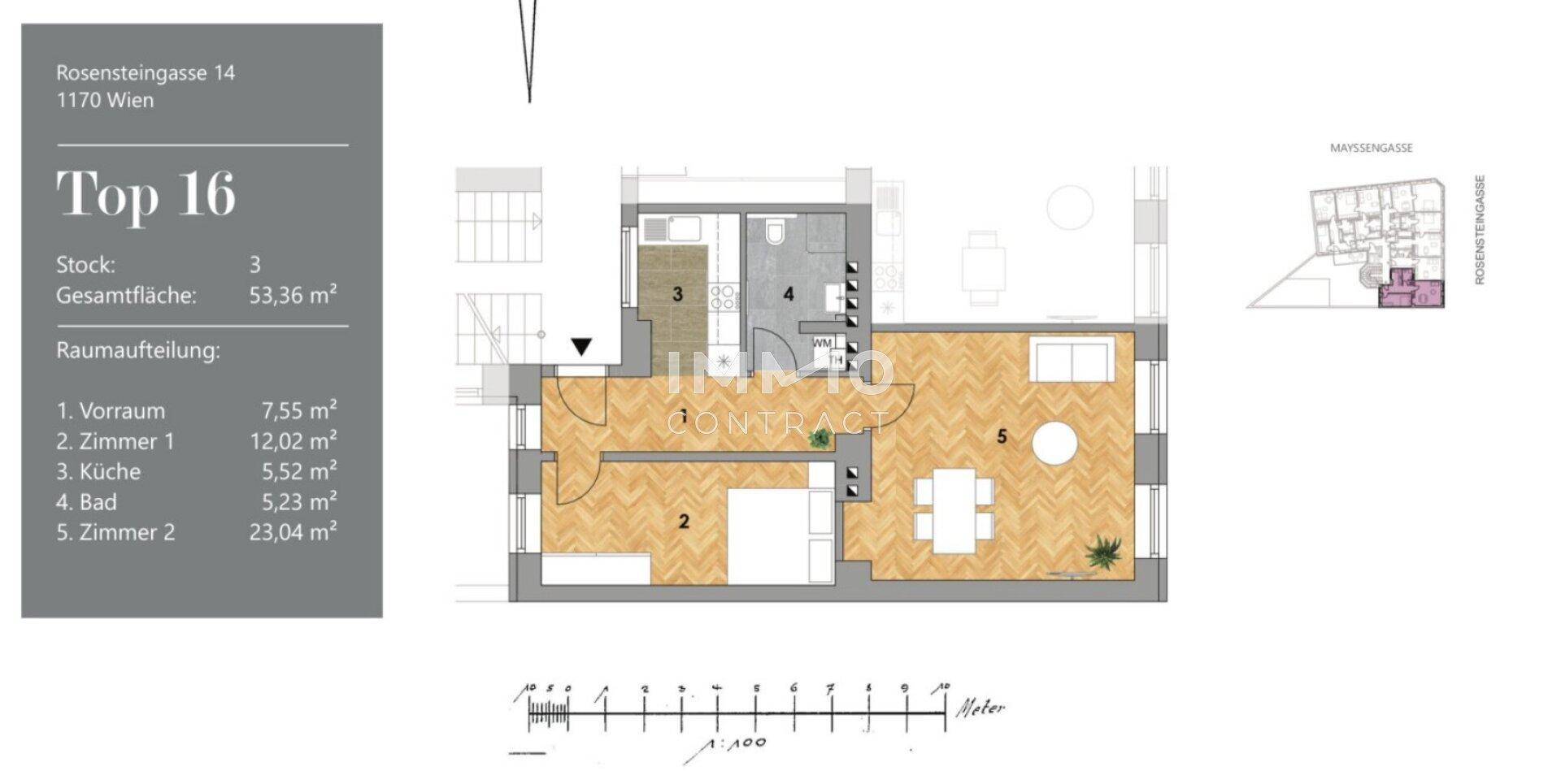 Detaillierter Grundriss einer Wohnung mit Wohn-Essbereich, Schlafzimmern und Bad.