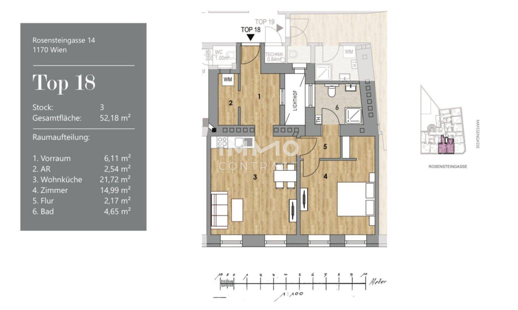 Detaillierter Grundriss einer Wohnung mit Wohnküche, Schlafzimmer und Bad.