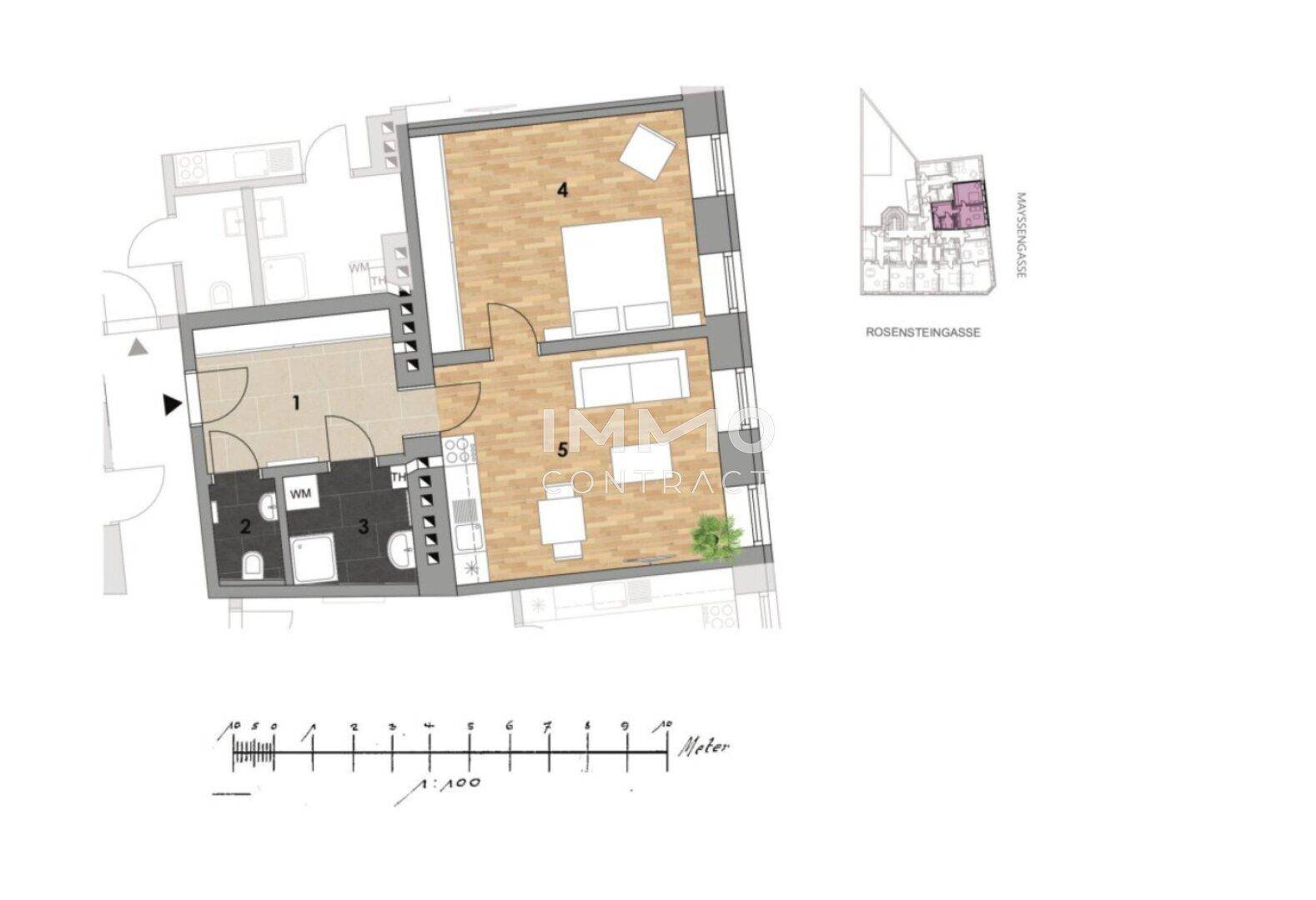 Detaillierter Grundriss einer Wohnung mit offenem Wohnbereich und separaten Zimmern.