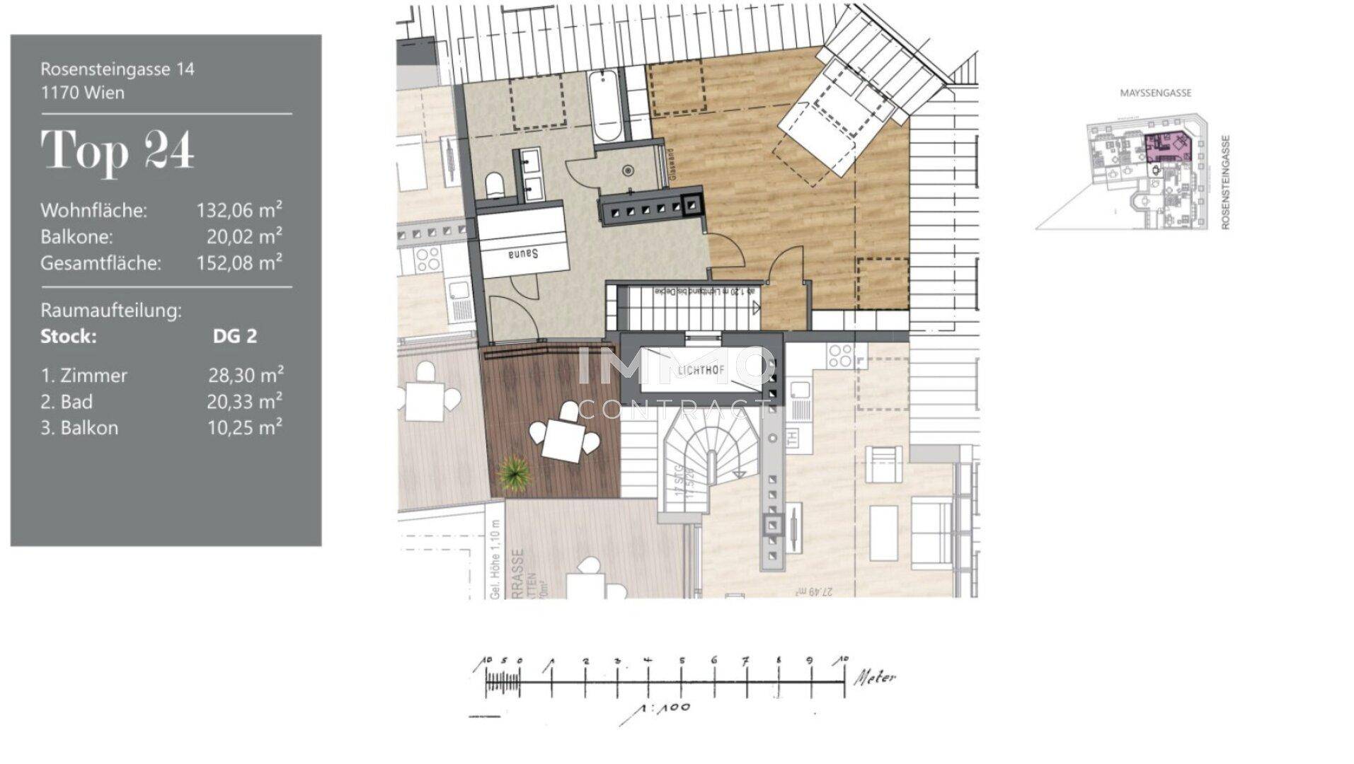 Grundriss der zweiten Dachgeschossebene mit Zimmer, Bad und Balkon.