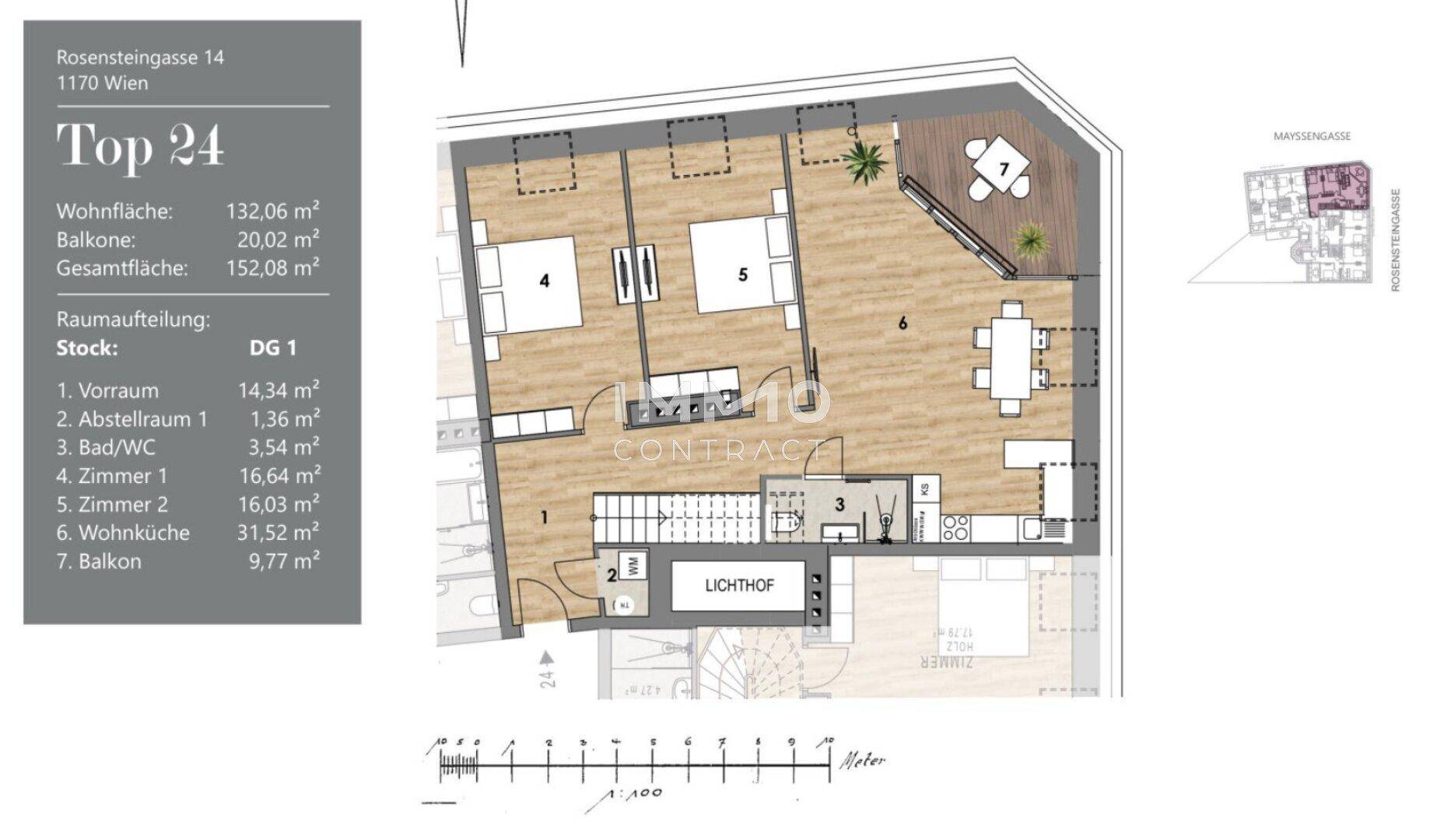 Grundriss der Dachgeschossebene mit drei Zimmern, Wohnküche und Balkon.