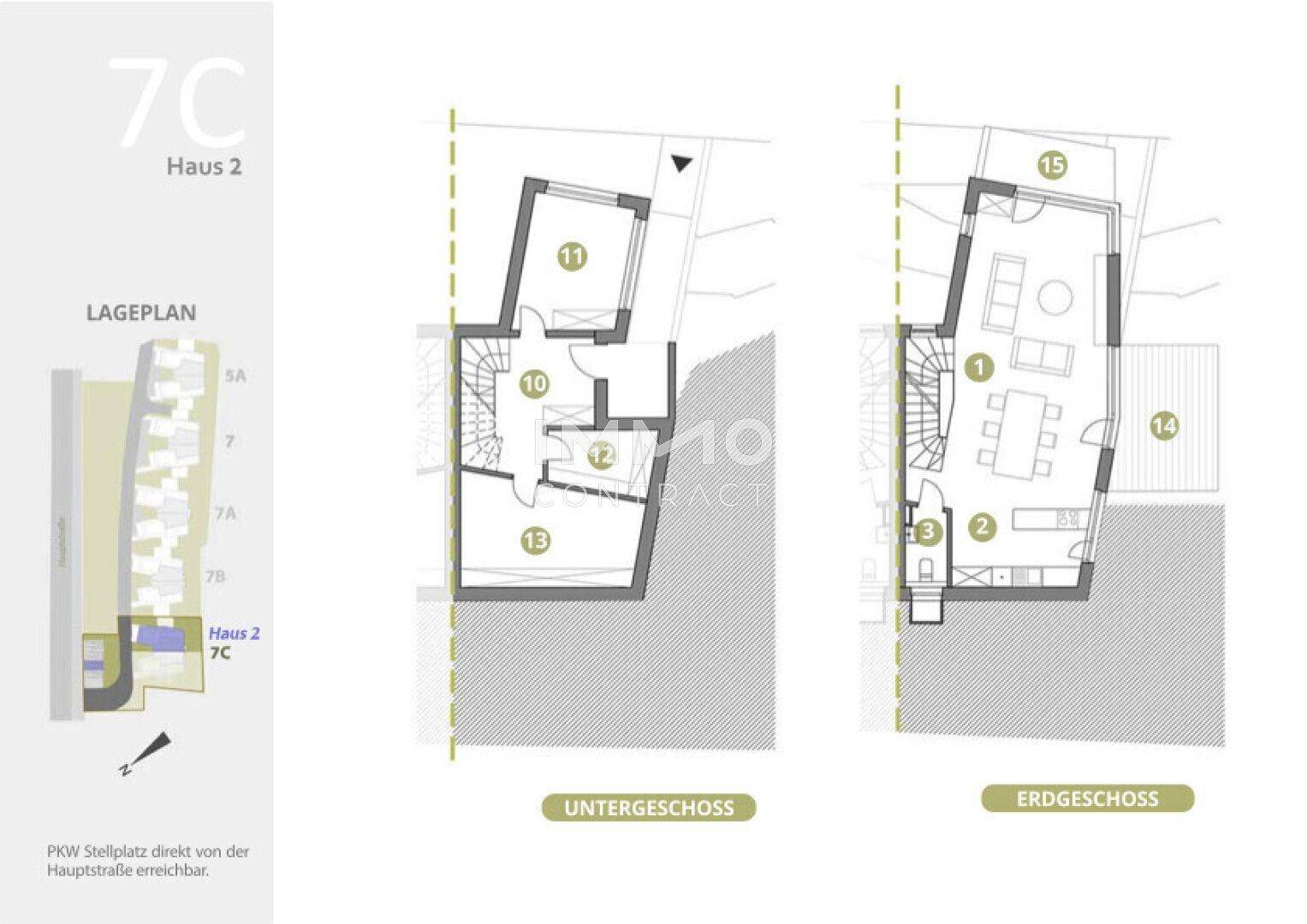 Grundriss von Haus 2 mit Untergeschoss und Erdgeschoss, inklusive Stellplatzinformationen.
