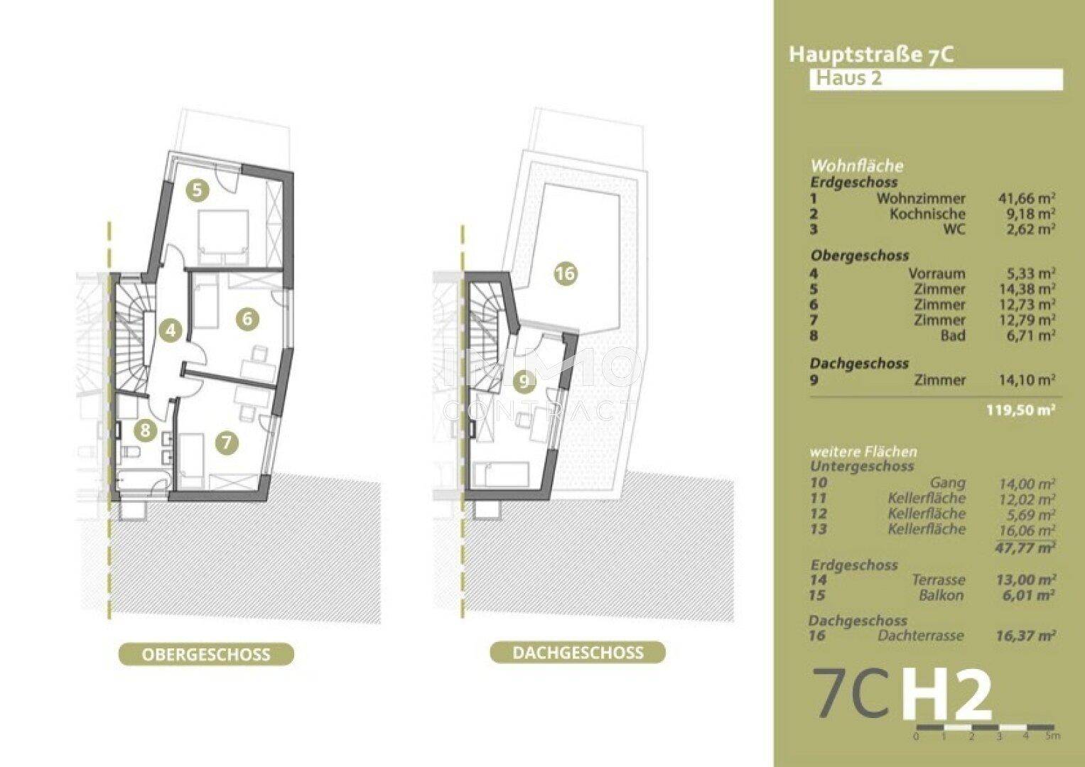 Detaillierter Grundriss von Haus 2 mit Wohnflächen, Zimmern und Dachterrasse.