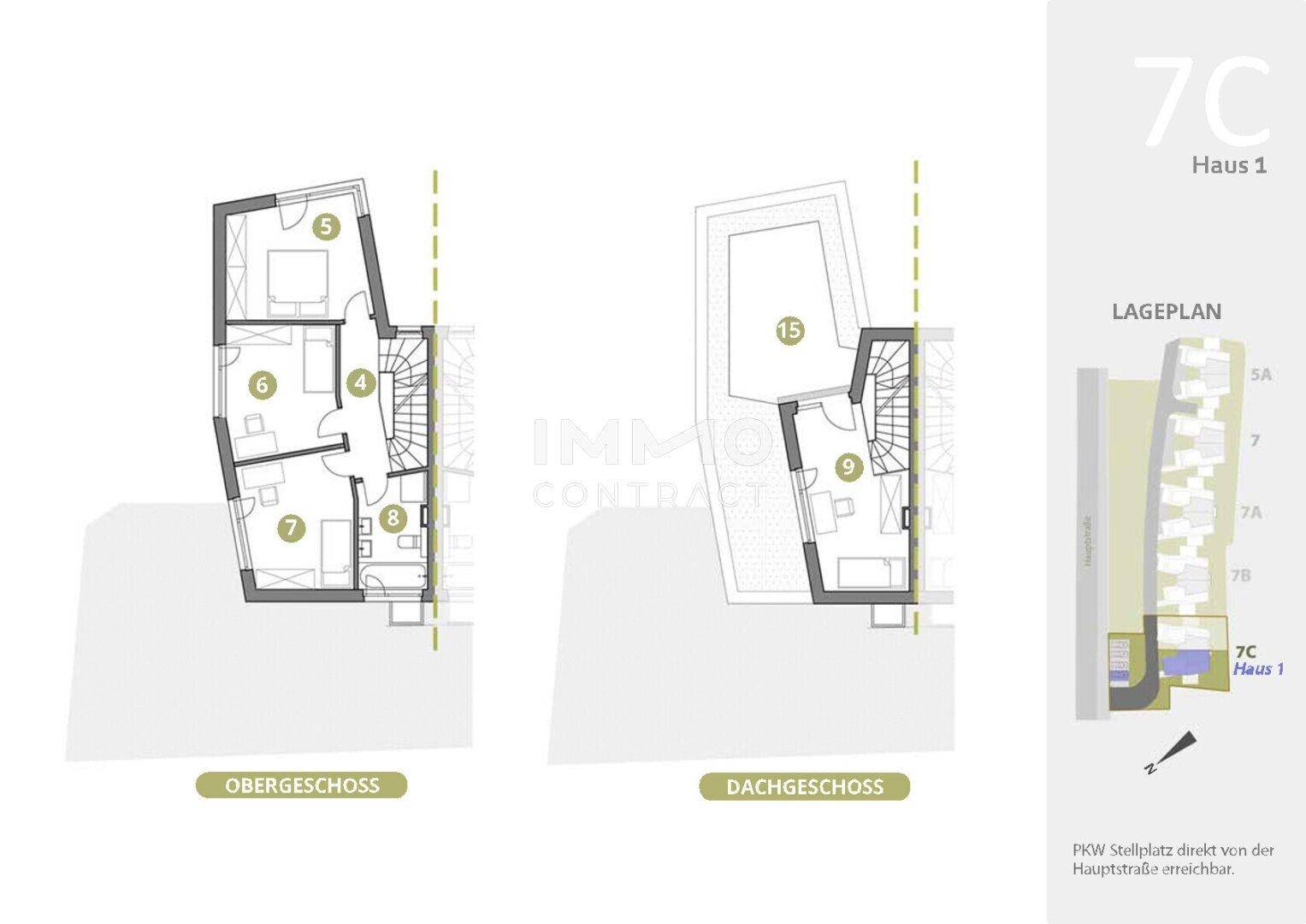 Grundriss des Obergeschosses und Dachgeschosses mit Schlafzimmern und Dachterrasse.