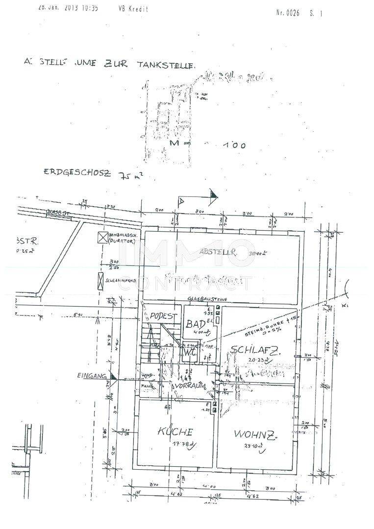 Grundriss des Erdgeschosses mit Küche, Wohnzimmer, Bad und Schlafzimmer.