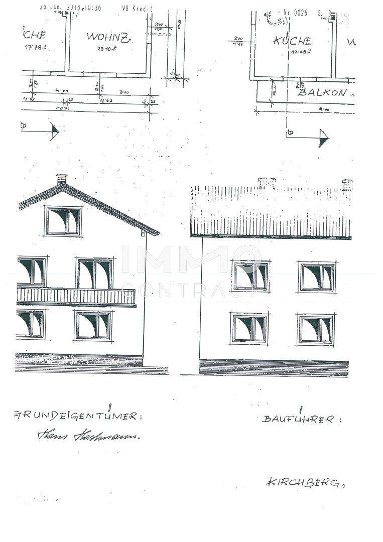 Ansichten des Gebäudes und Teilausschnitte der Grundrisse mit Küche und Wohnzimmer.
