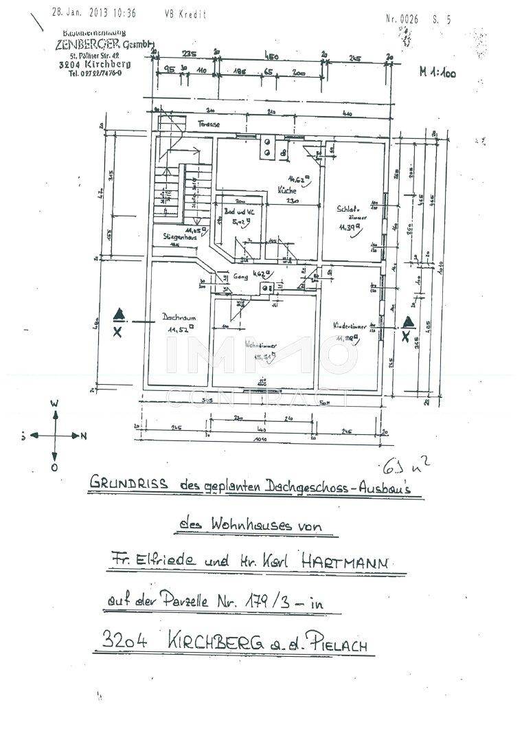 Grundriss des geplanten Dachgeschoss-Ausbaus mit Zimmeraufteilung und Maßen.