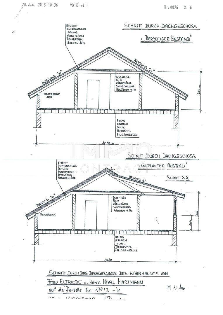 Grundriss-Schnittzeichnungen des Dachgeschosses mit geplantem Ausbau und Dachneigung.