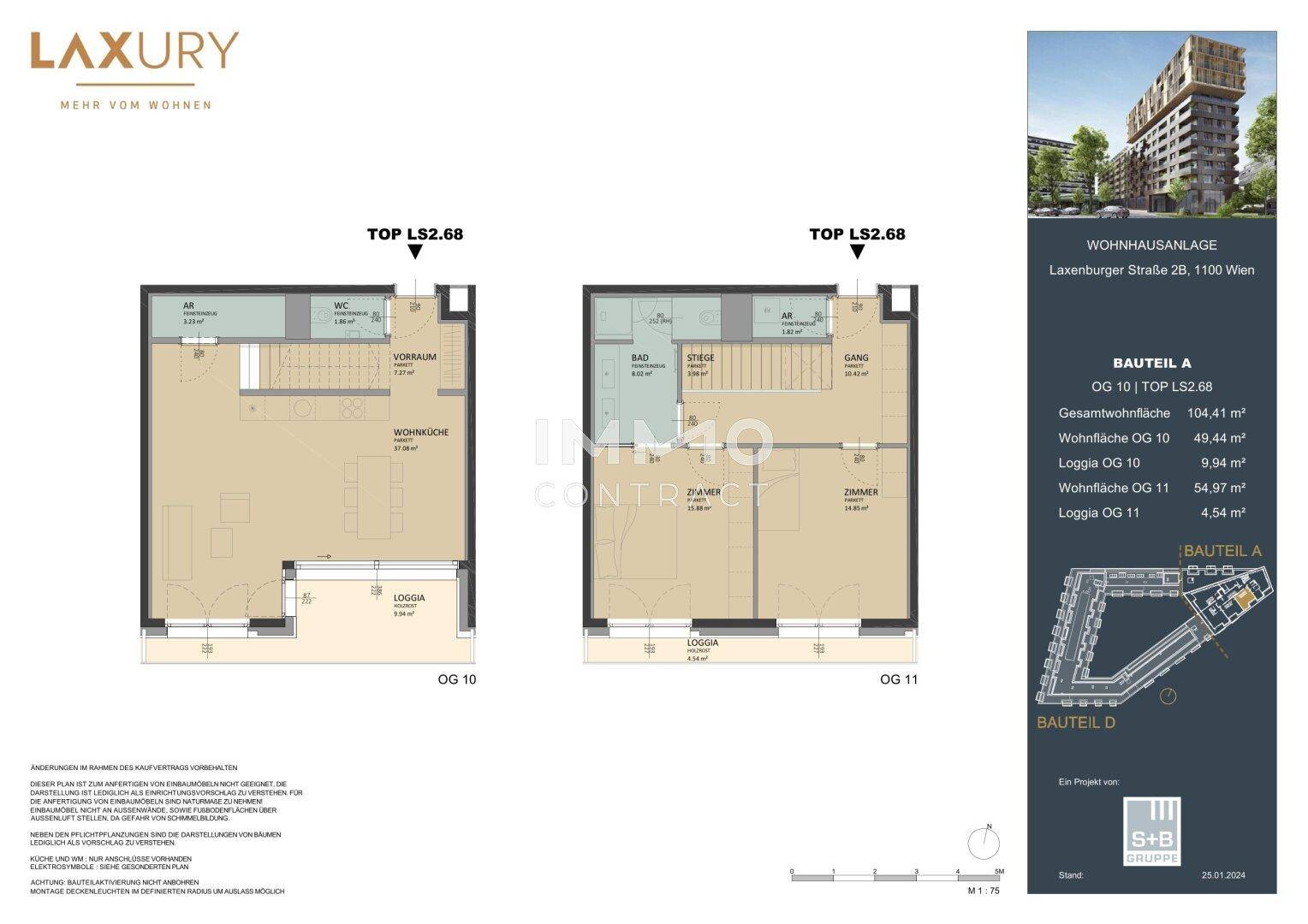 Detaillierter Grundriss einer Wohnung mit Wohnküche, Loggia und separatem WC.