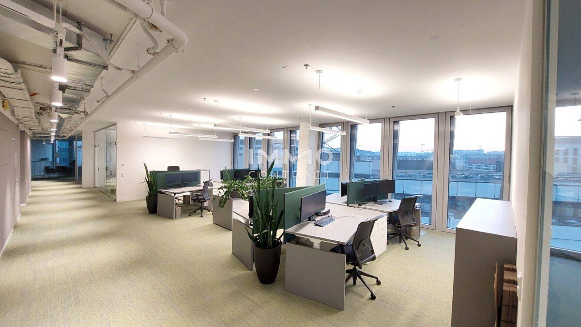 Großzügiges Großraumbüro mit vielen Arbeitsplätzen, Pflanzen und weitem Blick nach draußen.