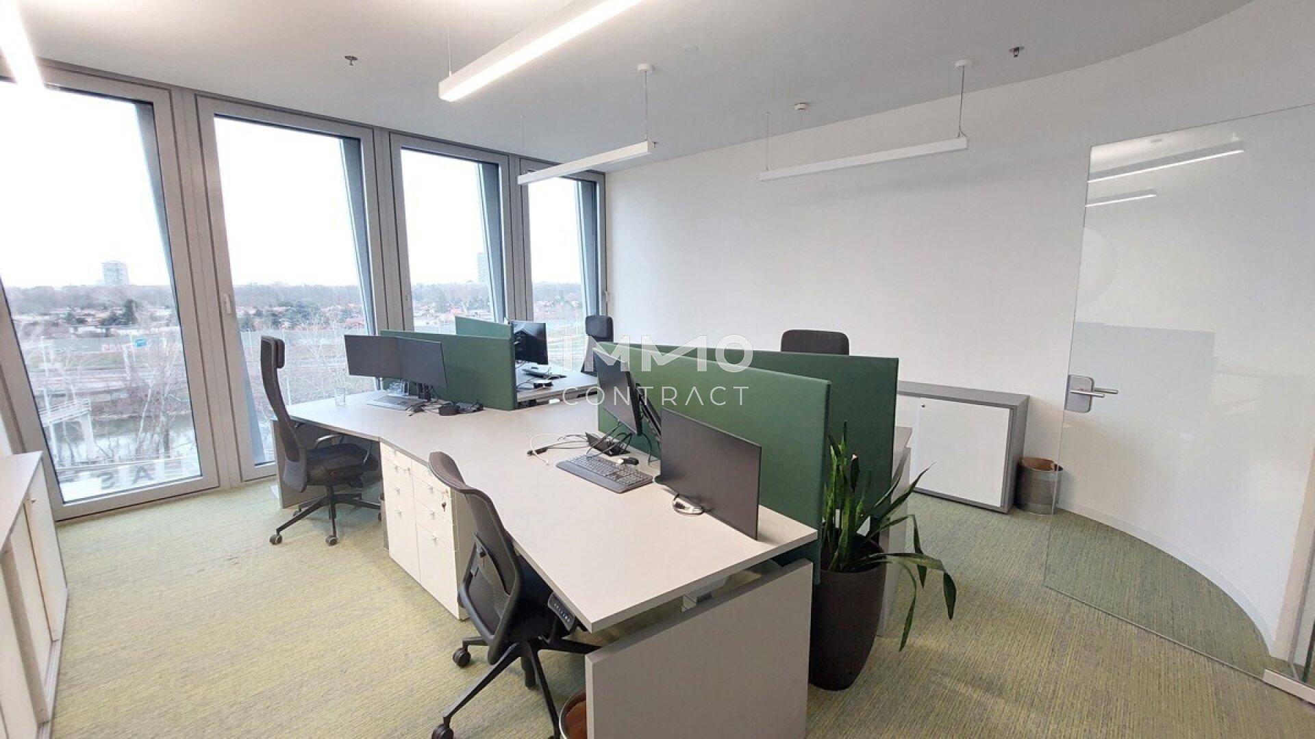 Heller Bürobereich mit modernen Arbeitsplätzen, grünen Trennwänden und großen Fenstern, die viel Licht spenden.