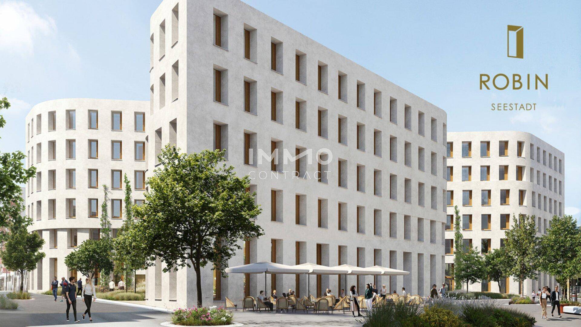 Moderne Bürogebäude mit heller Fassade und einem belebten Außenbereich mit Café-Bestuhlung.