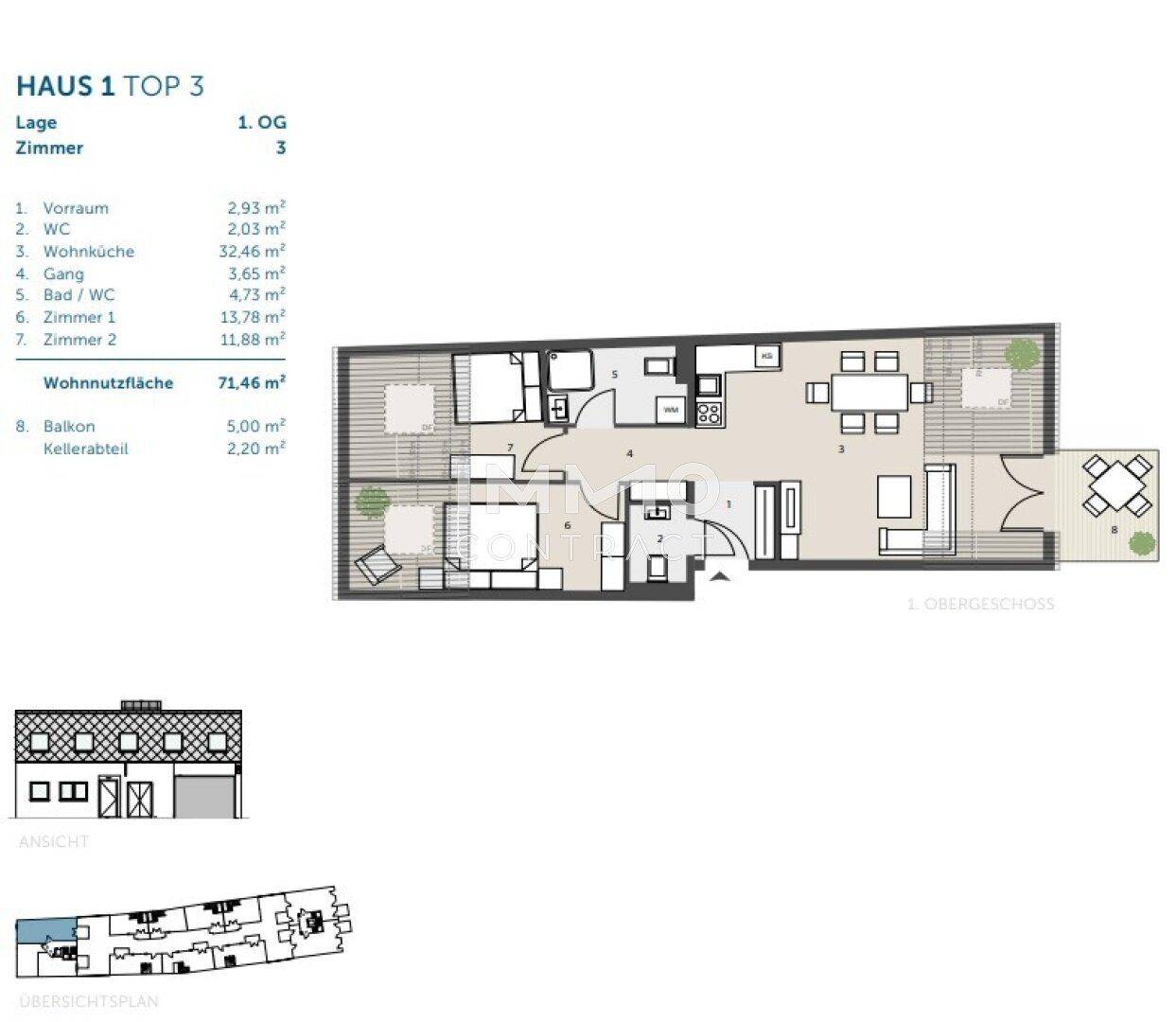 Detaillierter Grundriss der Wohnung mit Raumaufteilung und Flächenangaben.
