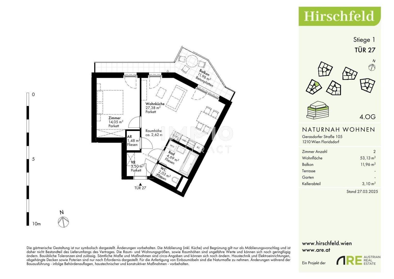 Grundriss einer Wohnung im 4. Obergeschoss mit Balkon und Kellerabteil.