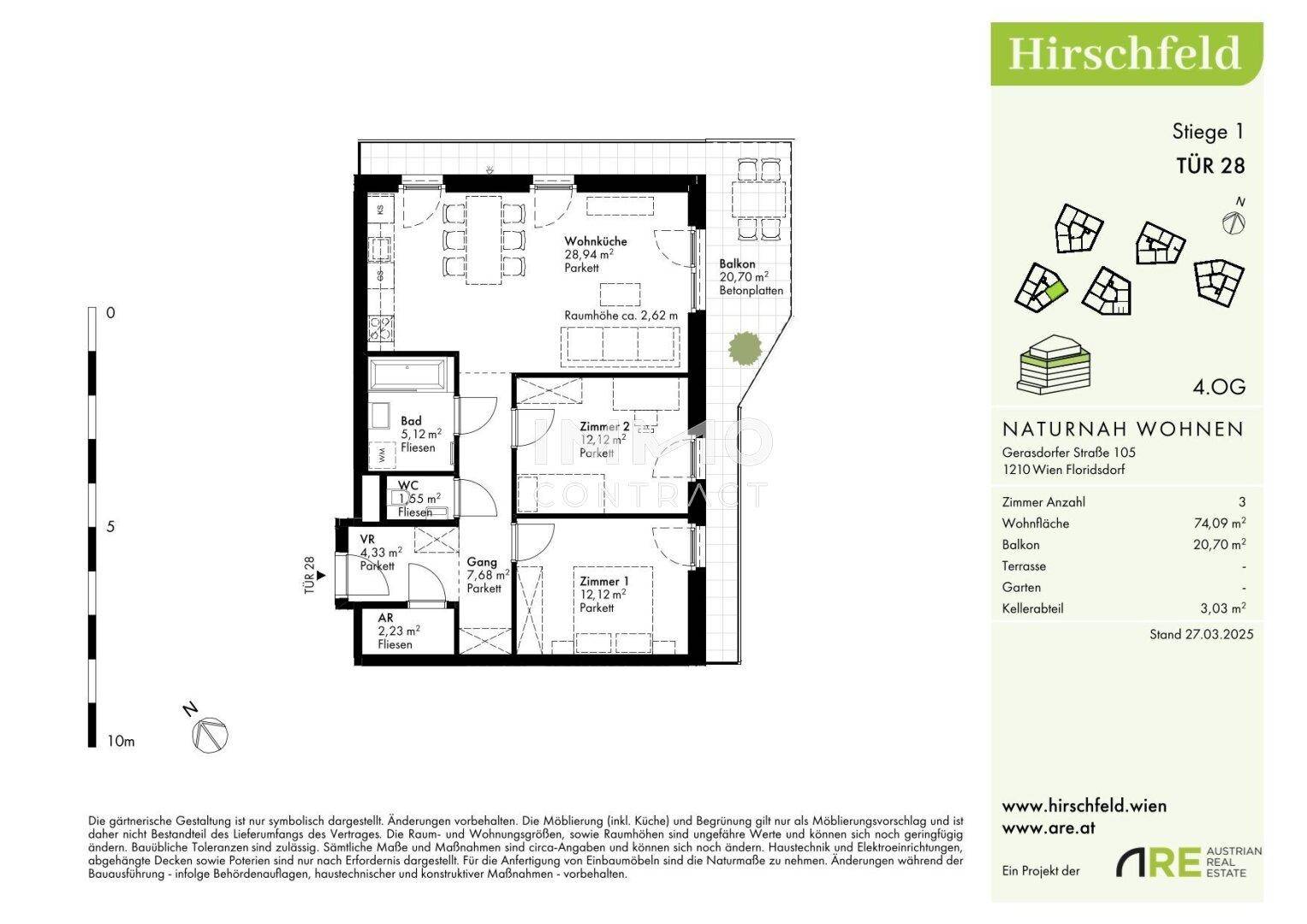 Grundriss der Wohnung im 4. Obergeschoss mit drei Zimmern, Balkon und Terrasse.