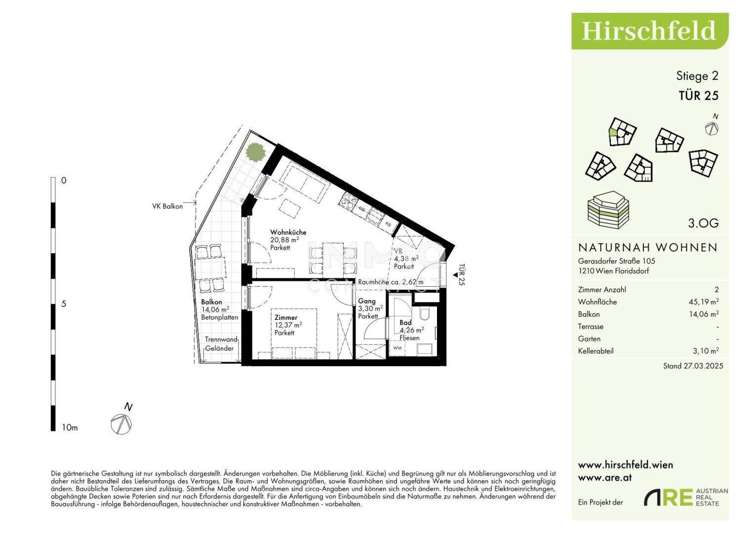 Grundriss der Wohnung mit zwei Zimmern, Balkon und offener Wohnküche auf 45,17 m².