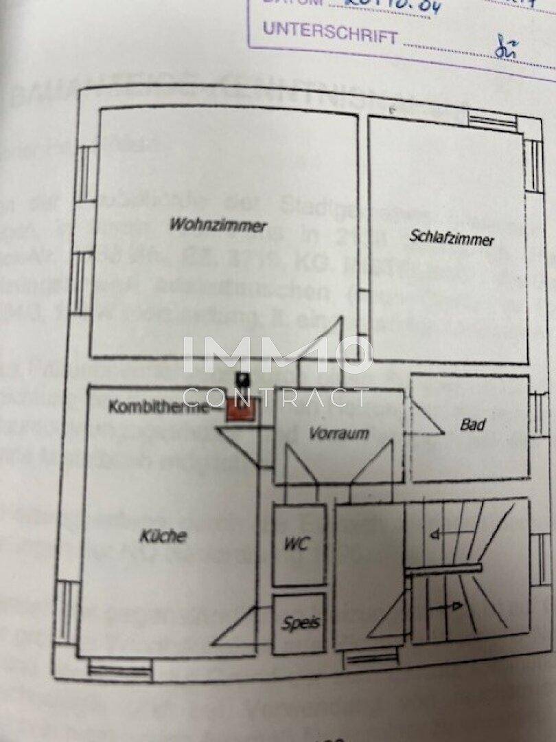 Grundriss einer Wohnung mit Wohnzimmer, Schlafzimmer, Küche und Bad.