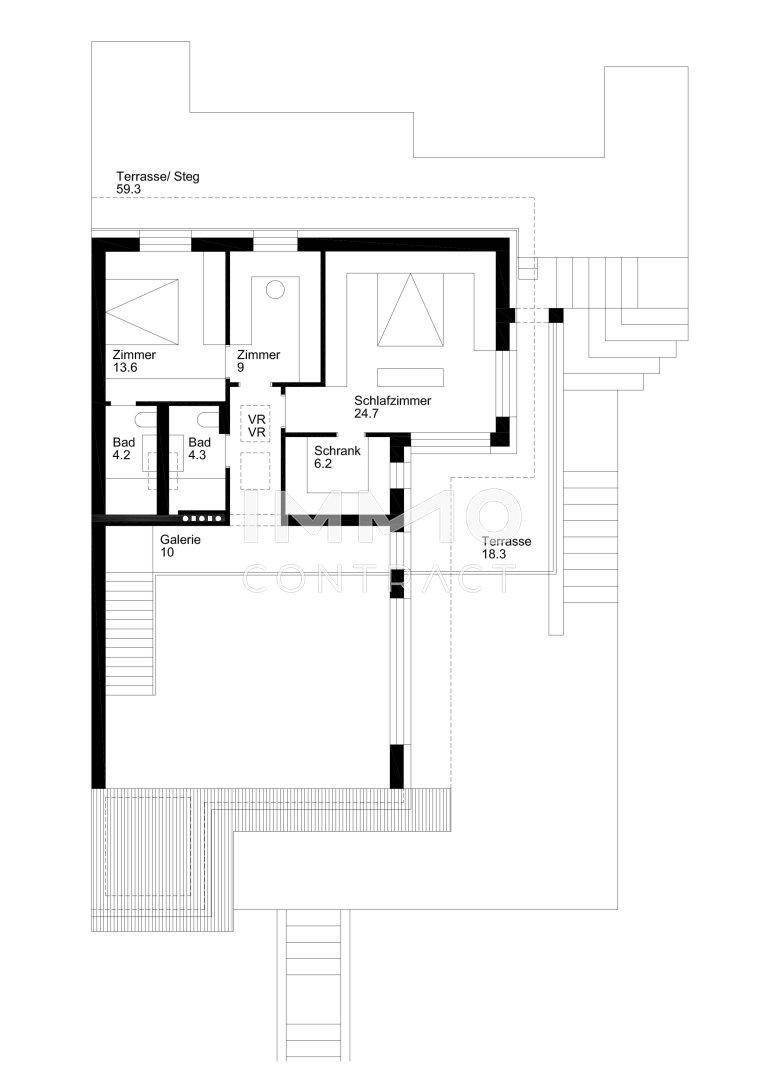 Grundriss des Obergeschosses mit Schlafzimmern, Bädern und weiterer Terrasse.