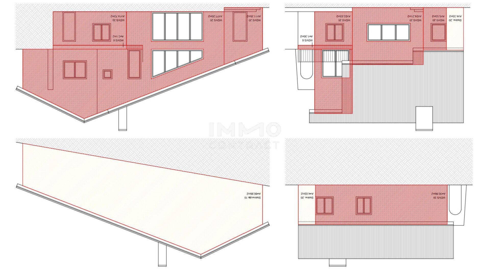 Architektonische Zeichnungen des Gebäudes mit verschiedenen Ansichten und Schnitten.