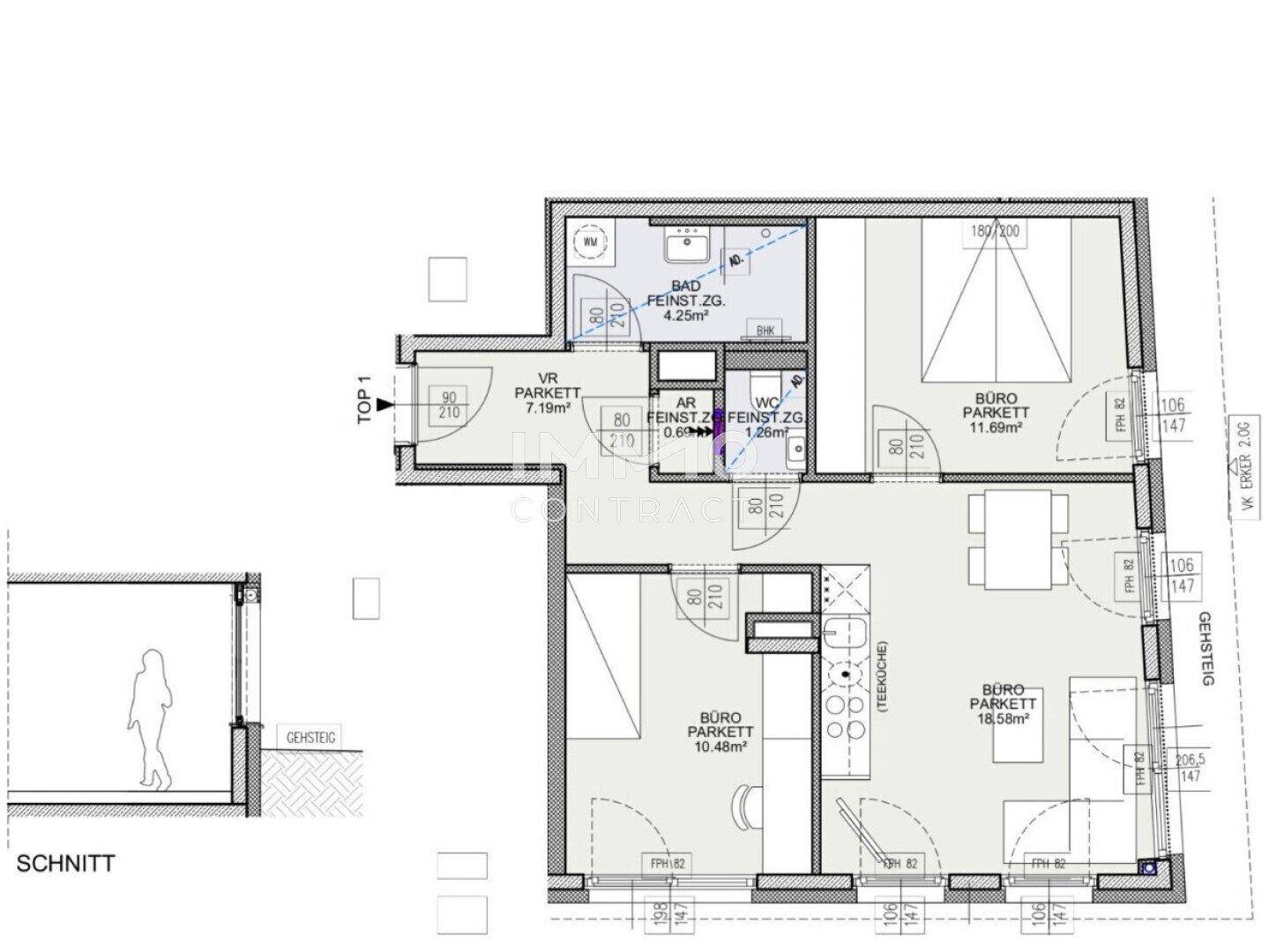 Grundriss einer Wohnung mit mehreren Zimmern, Bad, separatem WC und Dachschrägen in einem Schlafzimmer.