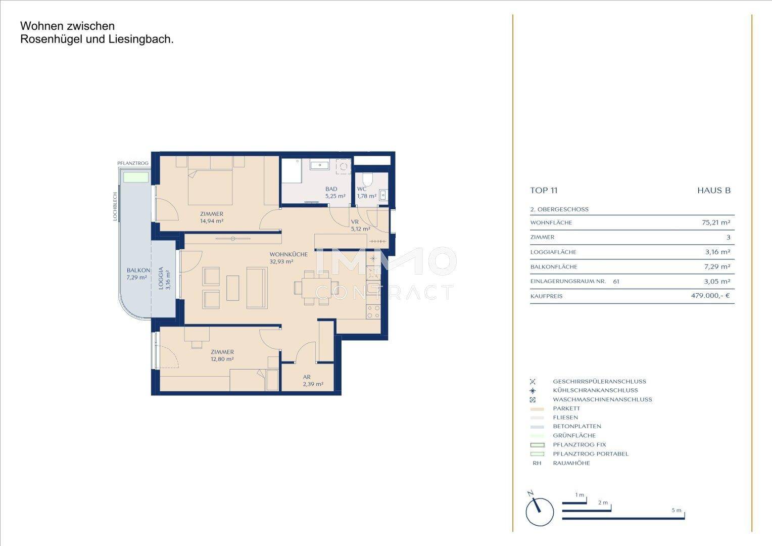 Grundriss für eine 3-Zimmer-Wohnung mit Balkon und Loggia im 2. Obergeschoss.