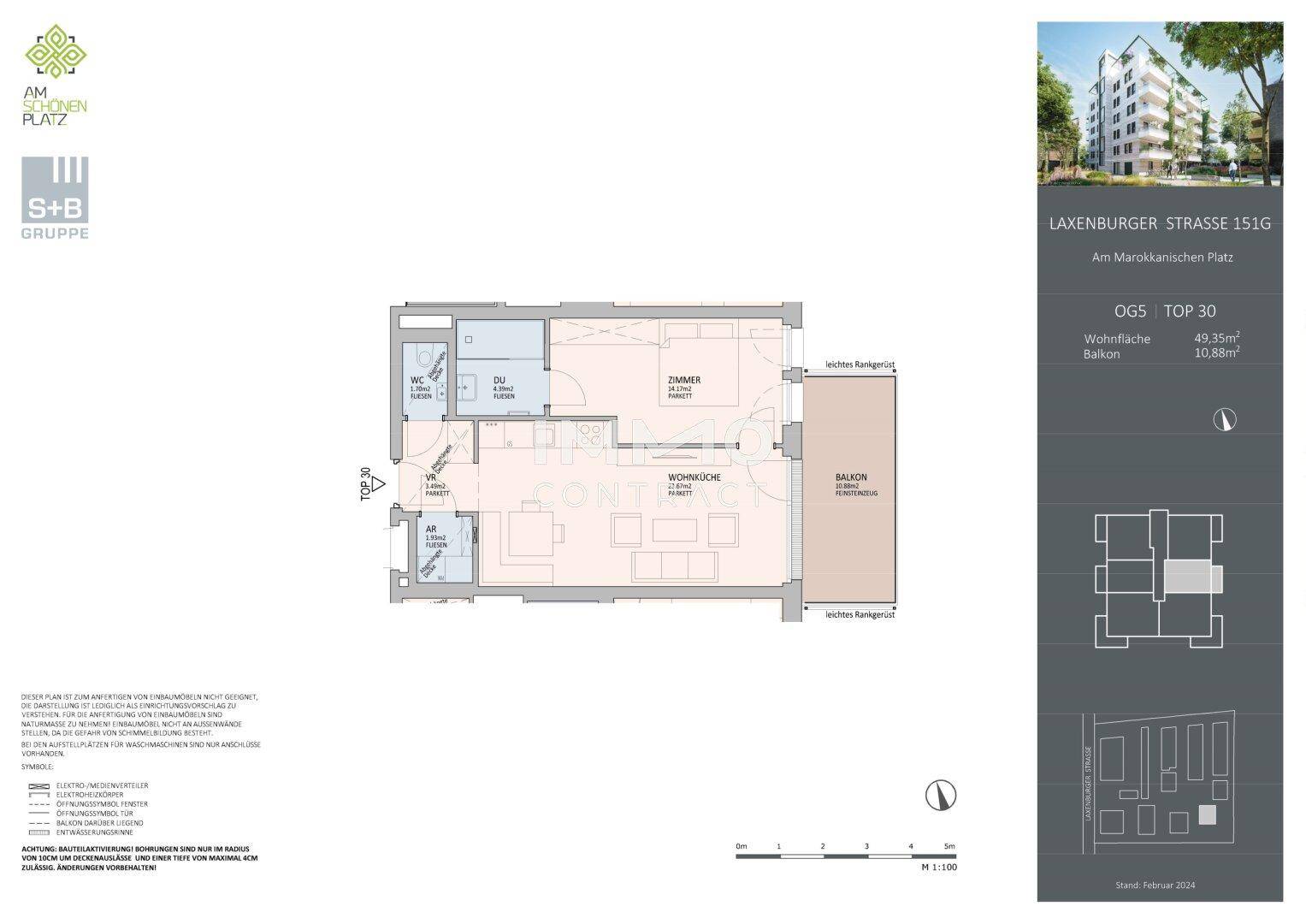 Grundriss einer Wohnung mit Balkon und separatem WC.