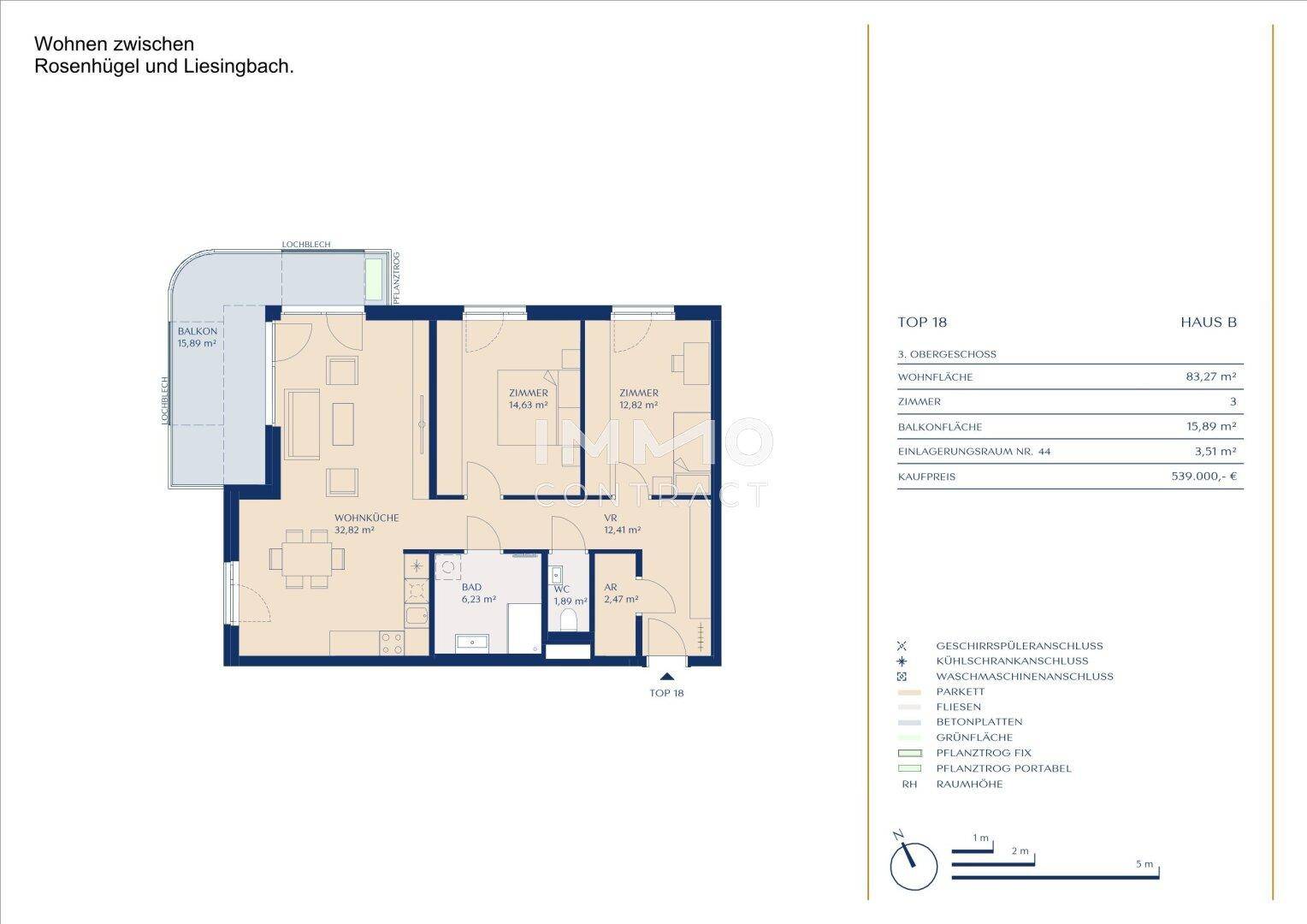 Detaillierter Grundriss einer Wohnung mit drei Zimmern, Balkon und klaren Raumaufteilungen.