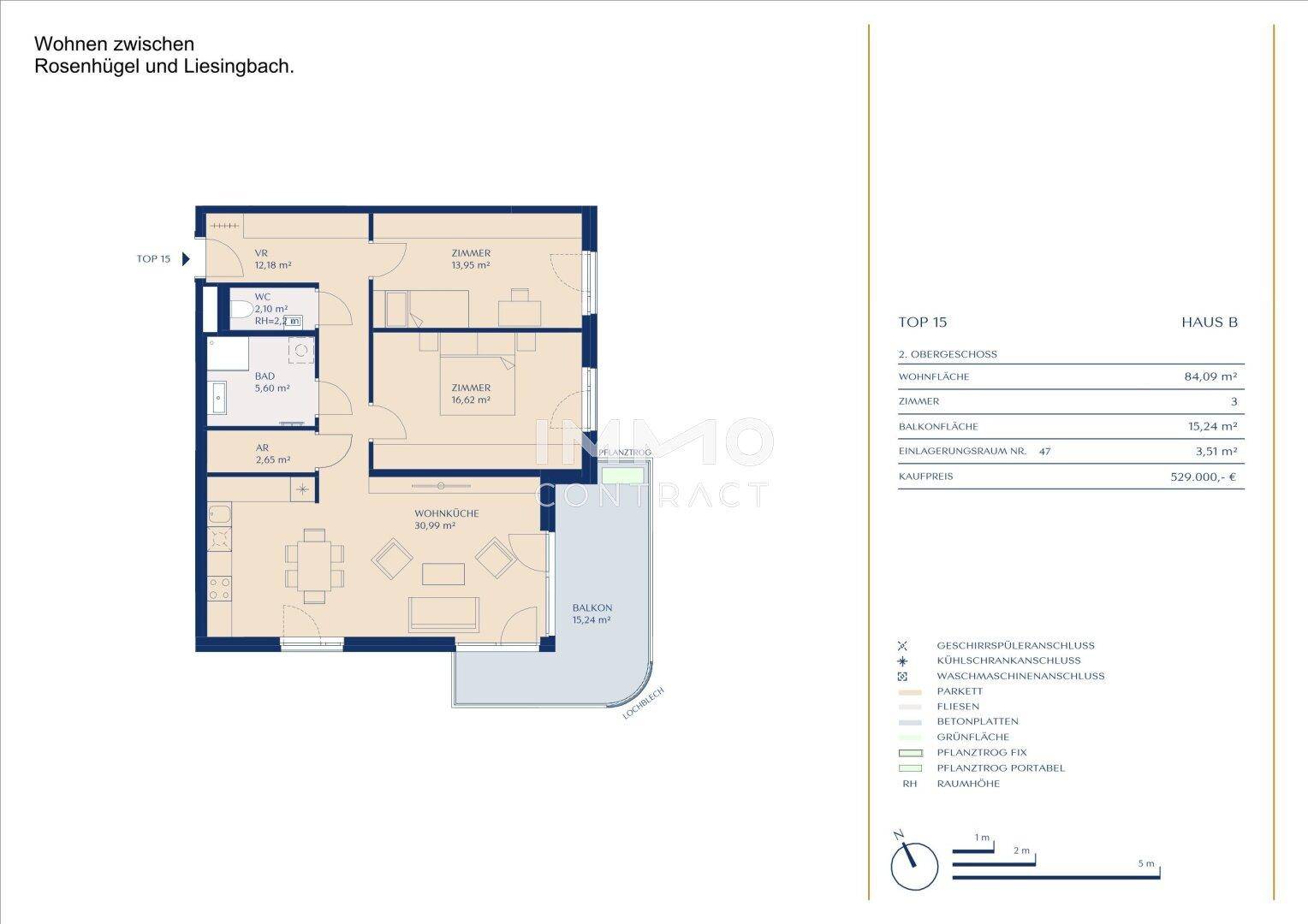 Grundriss für Top 15, Haus B, mit drei Zimmern, Balkon und einer Wohnfläche von 84,09 m².