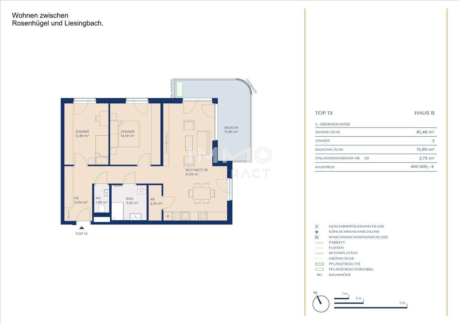 Grundriss einer Wohnung mit drei Zimmern, Balkon und separatem WC.