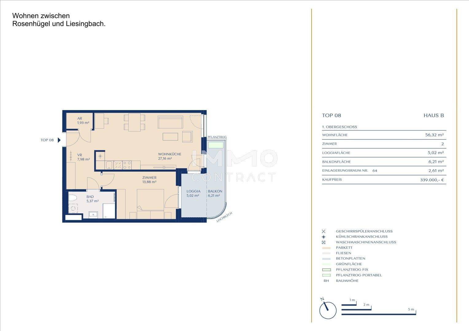 Grundriss einer Wohnung mit zwei Zimmern, Loggia und Balkon, inklusive Flächenangaben.
