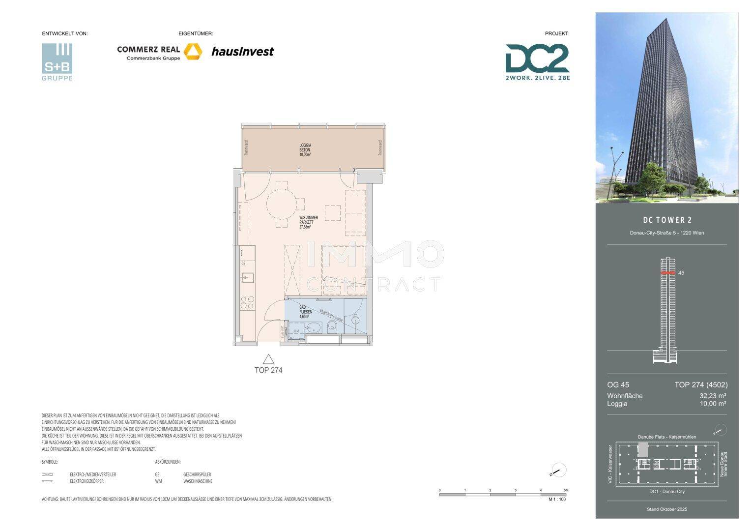 Grundriss der Wohnung Top 274 mit Loggia und einer Wohnfläche von 32,23 m².