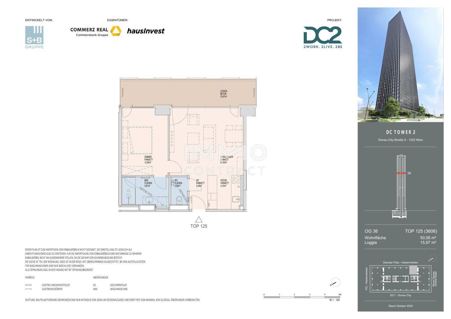 Detaillierter Grundriss einer Wohnung mit 50,06 m² Wohnfläche und Loggia.