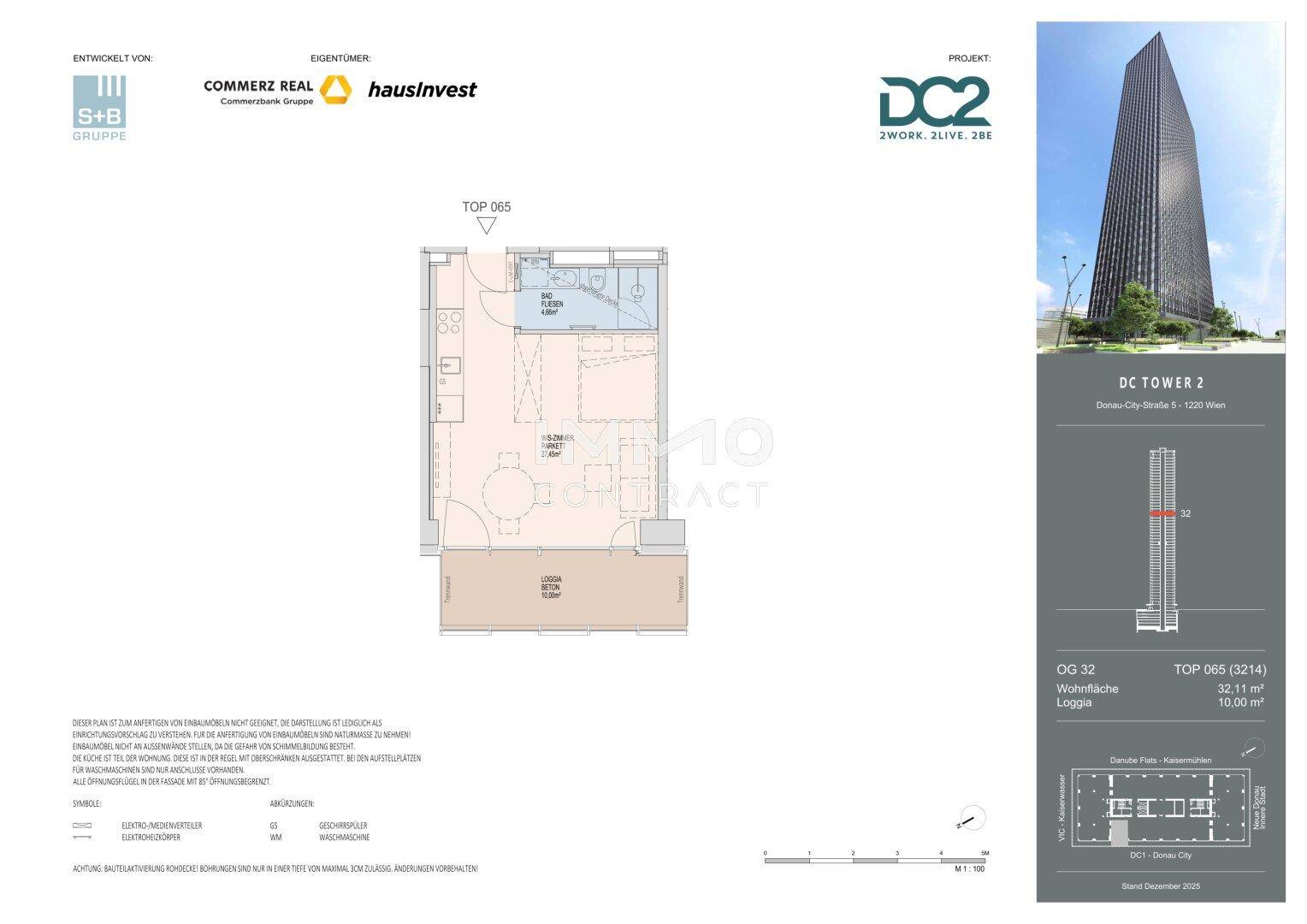 Grundriss einer Wohnung mit 32,11 m² Wohnfläche und 10,00 m² Loggia, inklusive Gebäudevisualisierung.