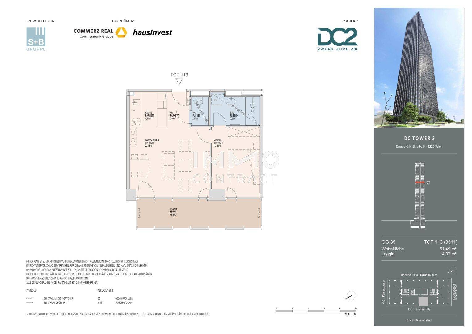 Detaillierter Grundriss einer Wohnung mit Loggia, Schlafzimmer und offenem Wohnbereich.