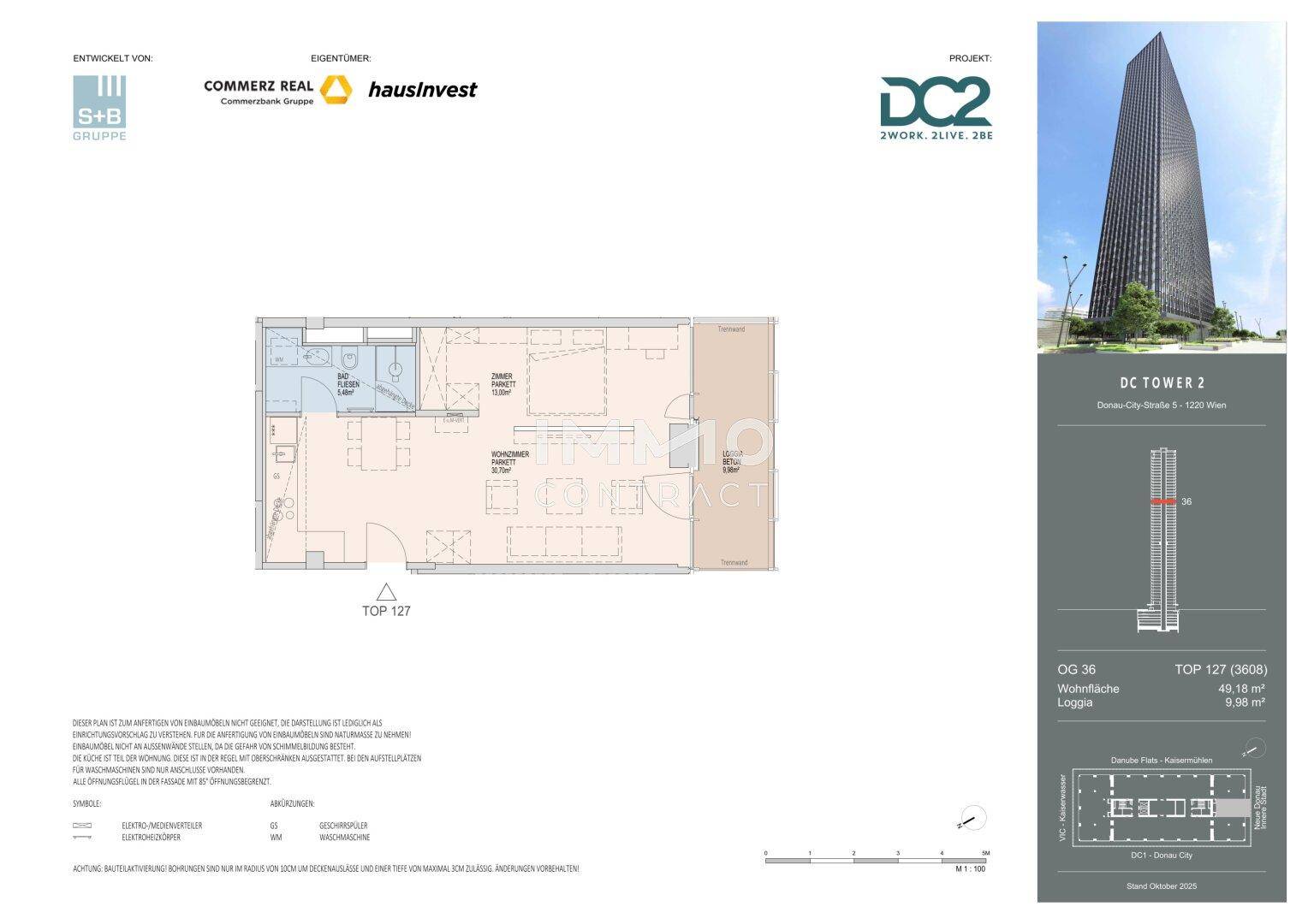 Grundriss einer Wohnung mit Loggia und detaillierten Flächenangaben.