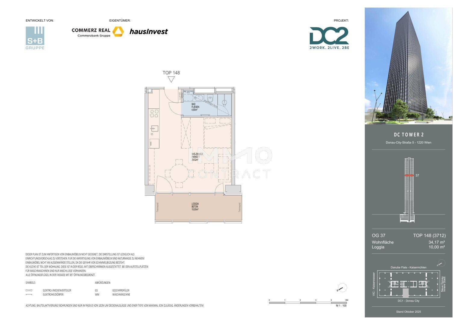 Grundriss der Wohnung Top 148 mit 34,17 m² Wohnfläche und 10 m² Loggia.