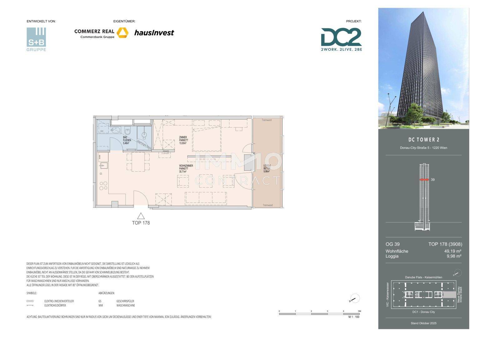 Grundriss einer Wohnung mit Loggia und detaillierten Informationen zum Gebäude und den Entwicklern.