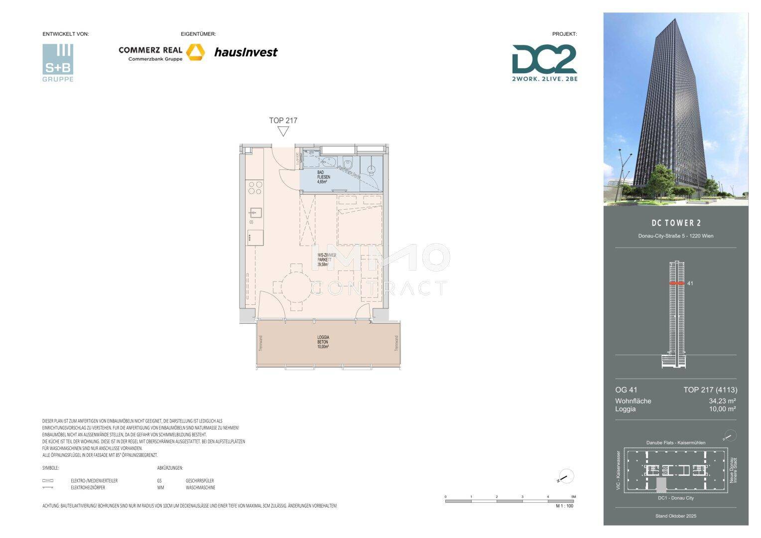 Grundriss der Wohnung Top 217 mit 34,23 m² Wohnfläche und 10,00 m² Loggia.