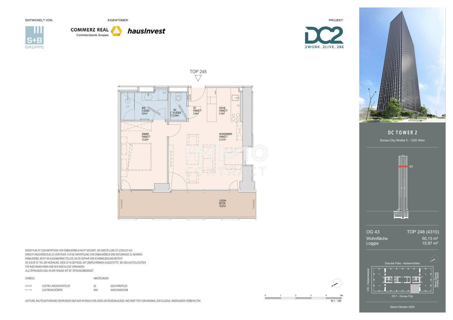Grundriss der Wohnung Top 248 mit 50,13 m² Wohnfläche und Loggia.