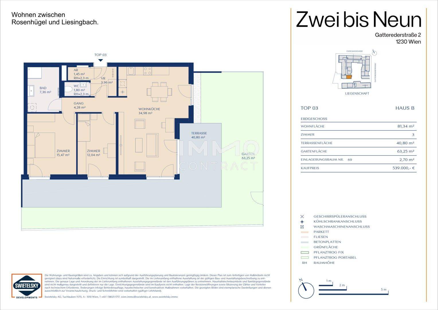 Grundriss einer Wohnung mit drei Zimmern, Terrasse und eigenem Gartenbereich.