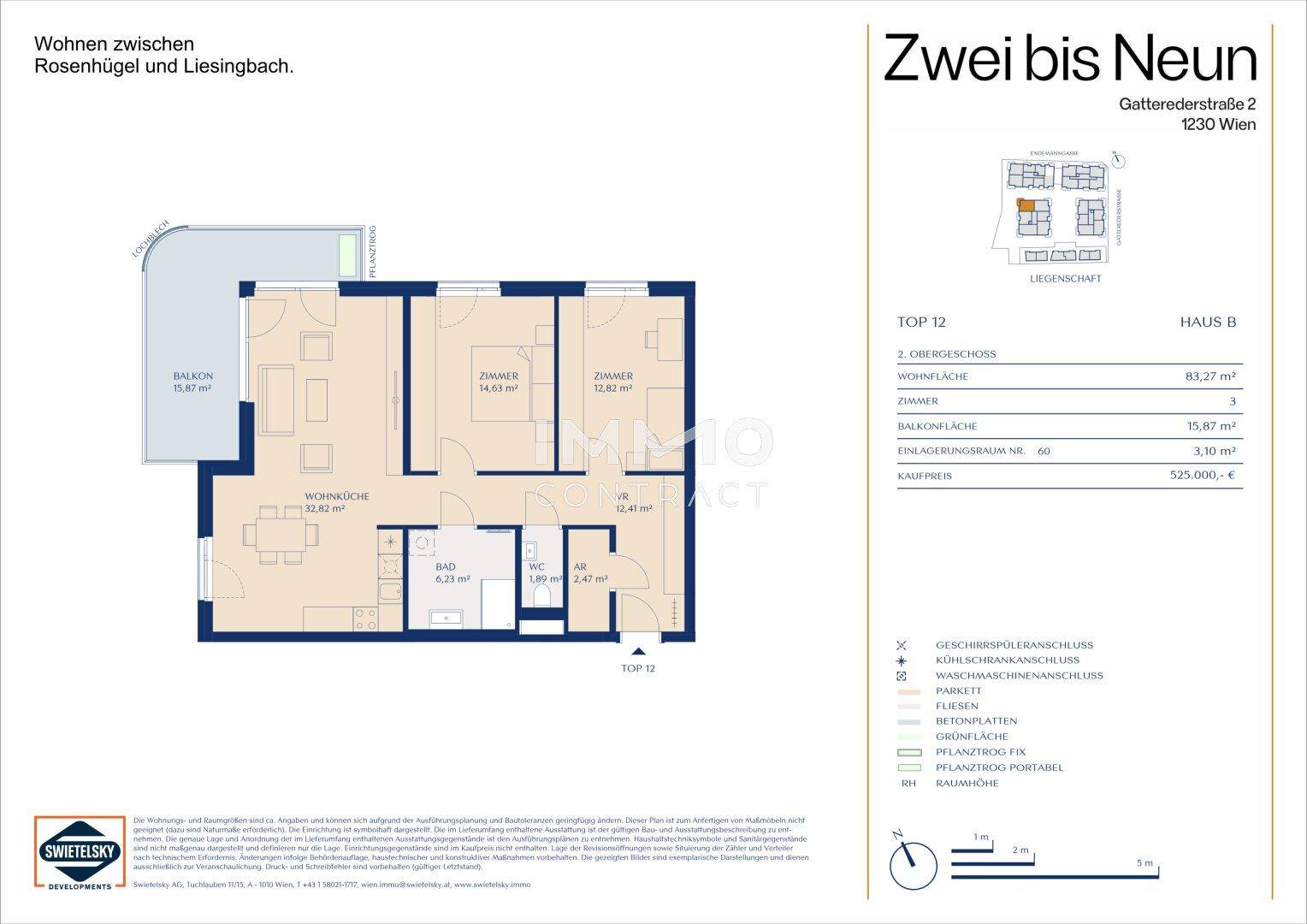 Detaillierter Grundriss einer Wohnung im zweiten Obergeschoss mit Balkon und drei Zimmern.